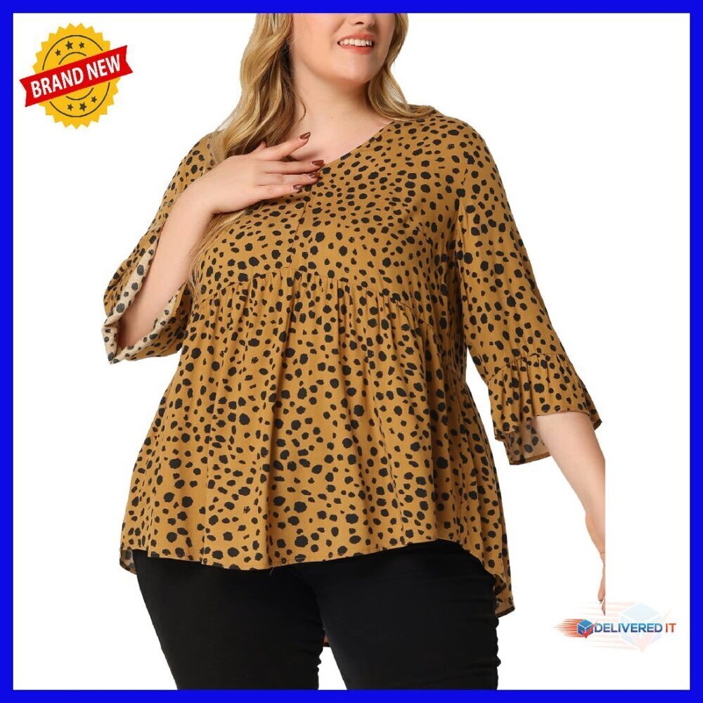 Plus Size Polka Dot V-Neck Ruffle Sleeve Peplum Top